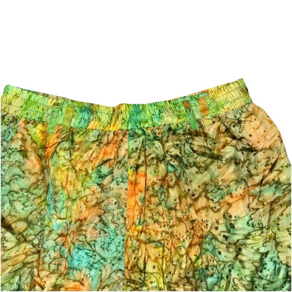 Vintage Sybil 100% Silk Shorts Large Tie Dye Green Gold Orange - Picture 7 of 8